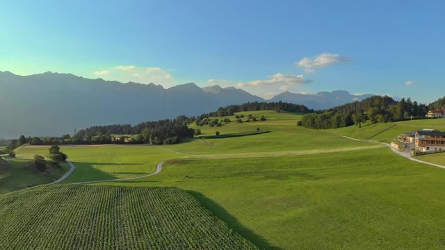 Arial Shot Tirol Fields Karwendel on sunny day beautyful
