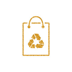 Shopping bags icon in gold glitter texture. Sparkle luxury style vector illustration.