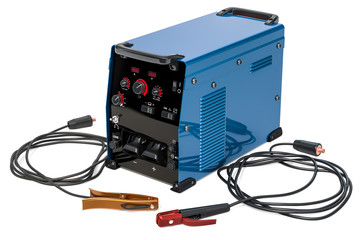 Welding machine with stick electrode holder, work cable and clamp, 3D rendering - obrazy, fototapety, plakaty