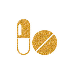 Pills icon in gold glitter texture. Sparkle luxury style vector illustration.