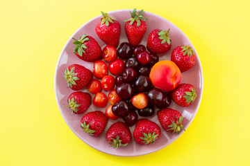 Fruit on a plate on a yellow background.