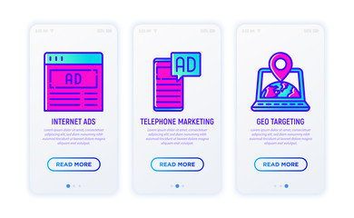 Naklejka na ściany i meble Advertising thin line icons set: internet ads, telephone marketing, GEO targeting. Modern vector illustration for user mobile app