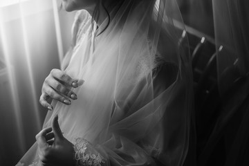 bride morning on  wedding day. gorgeous bride portrait near window. beautiful woman getting ready for wedding, holding veil and posing. sensual moment