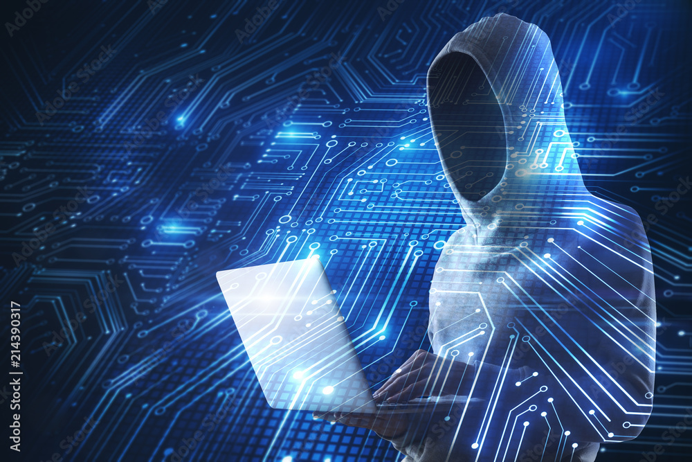 Poster blue board circuit and no face hacker