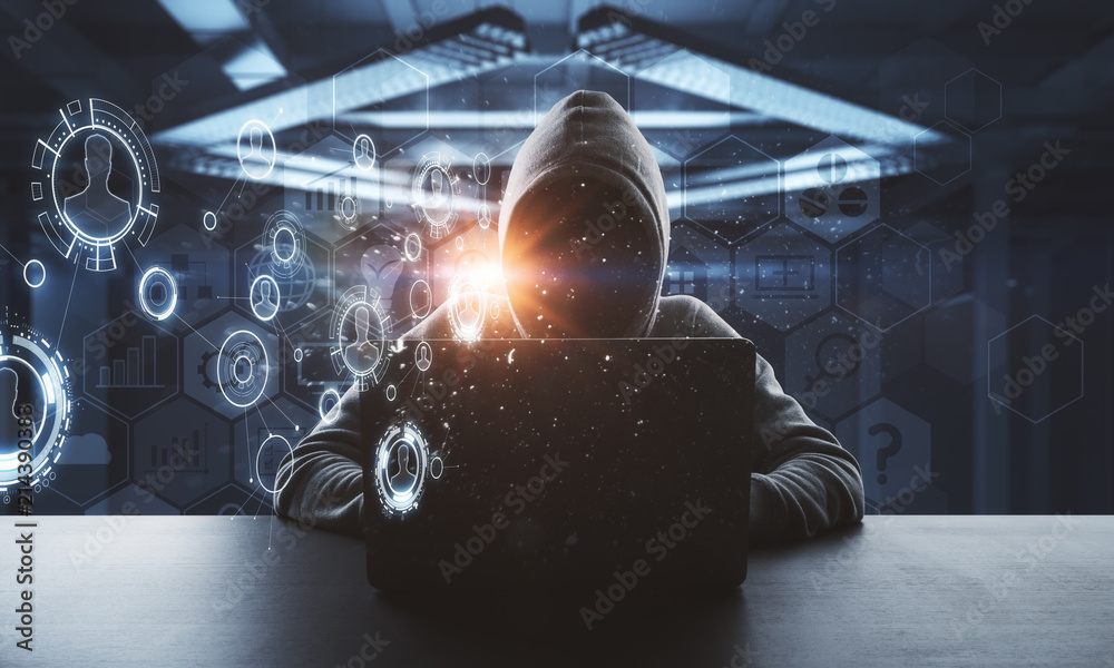 Poster no face hacker at digital technology interface
