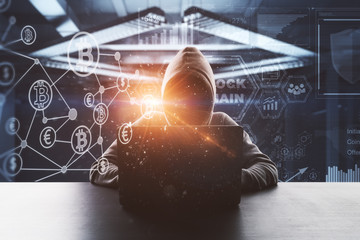 no face hacker with laptop and digital blockchain interface