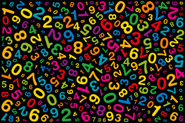 Twisted colored numbers. Randomly distributed numerals. Symbol image for numerology or flood of data. One to zero disorganized of different sizes and angles. Illustration on black background. Vector.