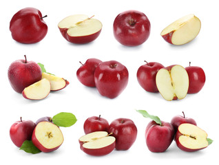 Set with fresh ripe apples on white background