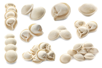 Set of raw dumplings on white background