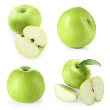Set with fresh ripe apples on white background
