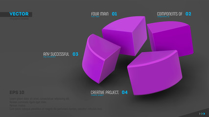 Four parts of whole. Teamwork concept. Purple sectors and labels on gray background. 3d vector infographic template. Eps10.