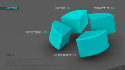 Four parts of whole. Teamwork concept. Blue sectors and labels on gray background. 3d vector infographic template. Eps10.