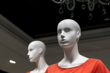 mannequin in a red T-shirt. discounts in the clothing store