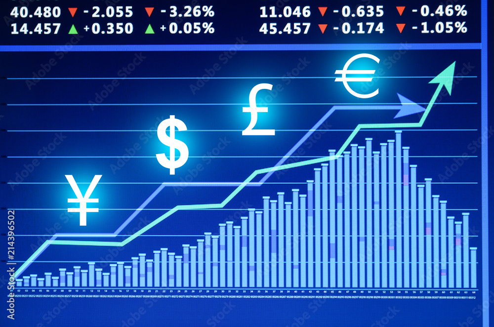 Canvas Prints Stock exchange graphs and rates with currency symbols on color background. Financial trading concept