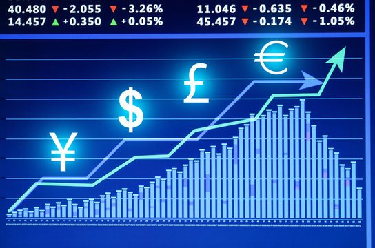 Stock exchange graphs and rates with currency symbols on color background. Financial trading concept