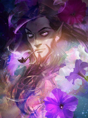 Hand drawn digital portrait illustration of a handsome elf man with a smoking pipe and petunias around him