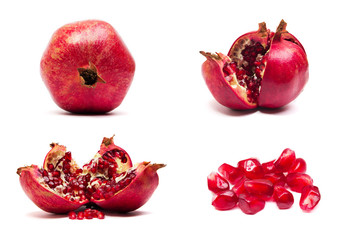 Collage of juicy pomegranate fruit isolated on white
