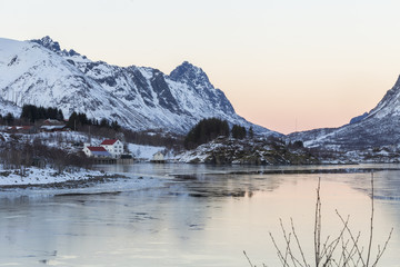 Fjord and mountains surrounding Vestpolloya near Sildpollnes, Nordland, Norway