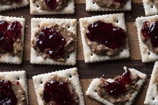 Peanut butter and jelly on crackers
