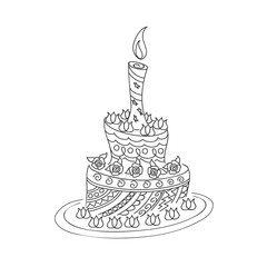 outline doodle cake with roses and candle
