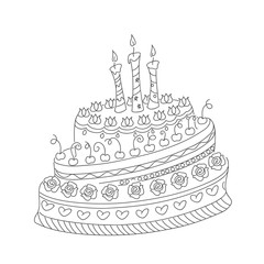 outline doodle cake with three candles