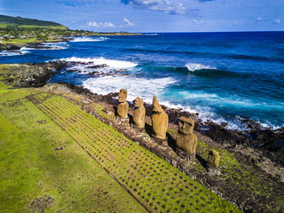 An aerial view over Ahu Vai Uri the most famous sunset at Easter Island. We don´t have to  mistake...