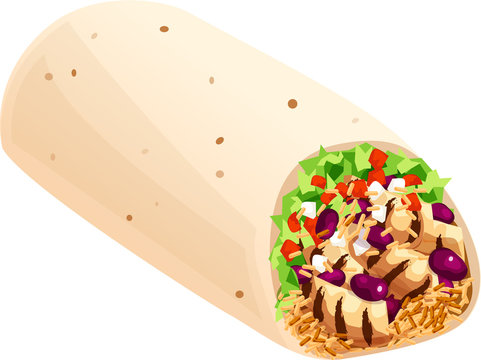 Mexican burrito with grilled chicken, lettuce, tomatoes, onions, beans, and rice. Isolated vector illustration.