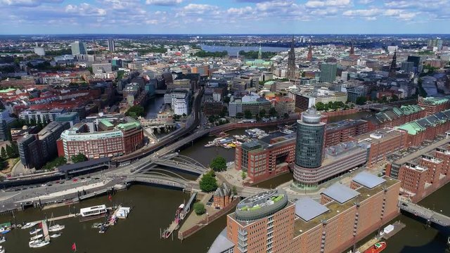 Aerial view of city of Hamburg at sunny day. St Nikolai church is clearly seen. Aerial view of Hafencity (Germany).