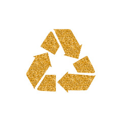 Recycle symbol icon in gold glitter texture. Sparkle luxury style vector illustration.