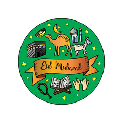 Eid mubarak greeting card in cartoon doodle style