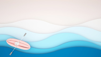 Pink rubber Boat on the sea artwork for vacation time - Blue wave of the sea with white Sand Beach and space for add message - Holiday in Summer season - Paper cut or craft style - 3D illustration