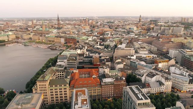 Aerial view of Hamburg city (Germany). Beautyful sunset over the city. Beautiful architecture. Lakes, rivers and roads.