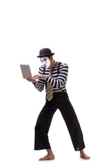 Mime with laptop isolated on white background