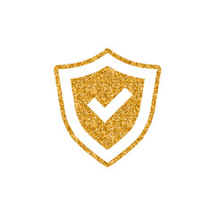 Shield icon in gold glitter texture. Sparkle luxury style vector illustration.