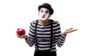 Mime with piggybank isolated on white background 
