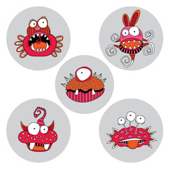 Cute doodle monsters and aliens on a grey circle background