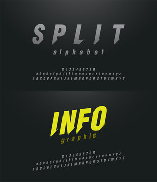 Modern abstract font alphabet numbers italic set. Technology and sport split concept graphic element