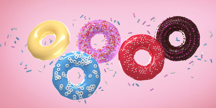 Five flying donuts with multi colored sprinkles on pink background . 3d rendering .