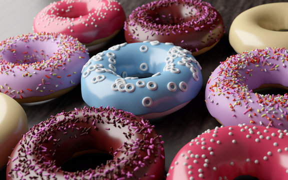 Various donut  on wooden table . 3d rendering .