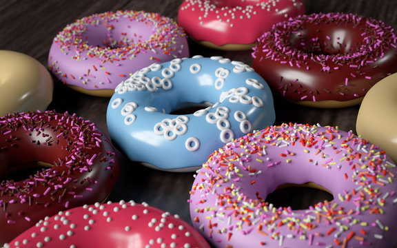Various donut  on wooden table . 3d rendering .