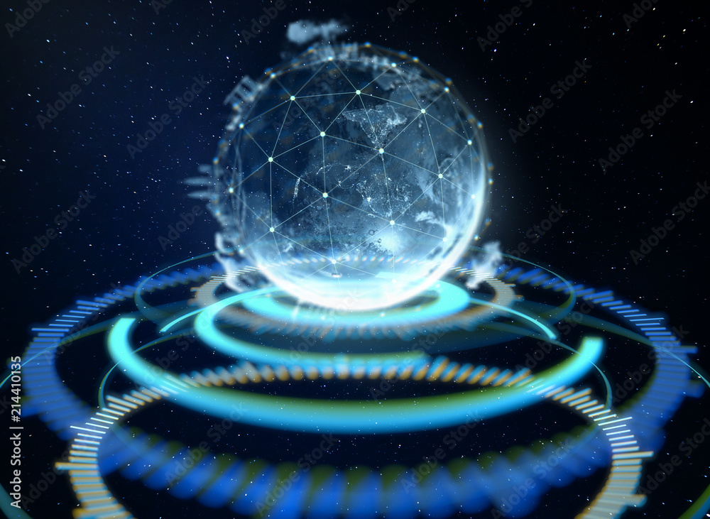 Poster abstract globe with connected dots wireless communication network on space . global business concept