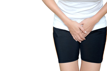 Women stomach ache because of gastritis and period pain . background white. Health care concept