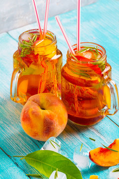 ice tea peach fresh wooden background
