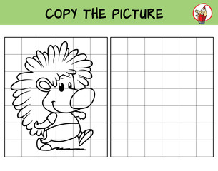 Hedgehog. Copy the picture. Coloring book. Educational game for children. Cartoon vector illustration
