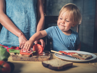 Mother and toddler making sandwiches at home