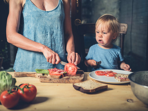 Mother and toddler making sandwiches at home
