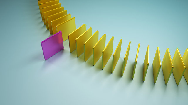Ein pinkes Viereck tritt aus einer Reihe gelber Vierecke hervor. Symbol für anders sein und Ausstieg