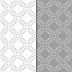 Set of geometric ornaments. Gray and white seamless patterns