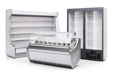 Freezer showcase, refrigerated cabinet and fridge. 3d render