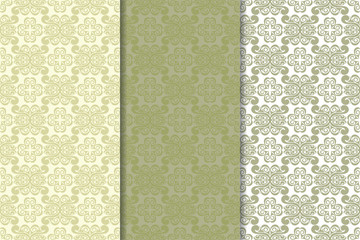 Set of olive green floral backgrounds. Seamless patterns